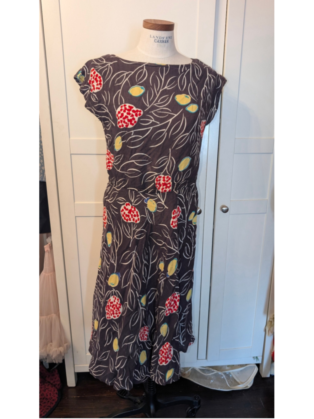 Vintage Midi Dress Size M Black Red Floral Print